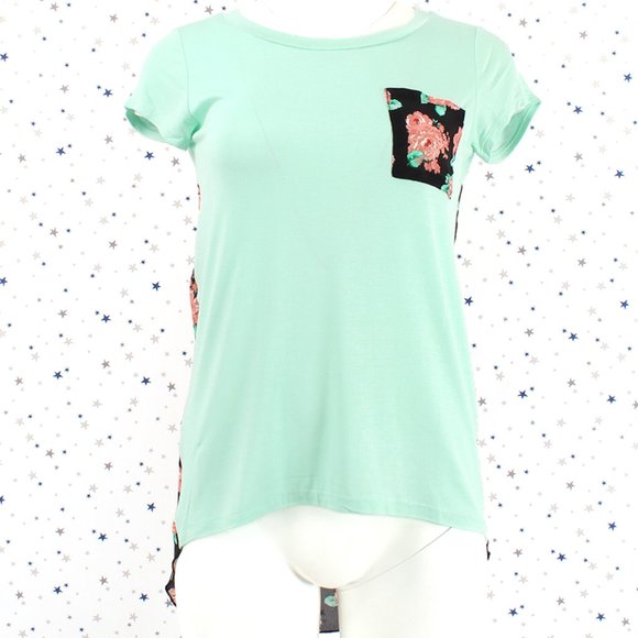 Floral Print Back Top Tee Mint Black - Picture 2 of 7